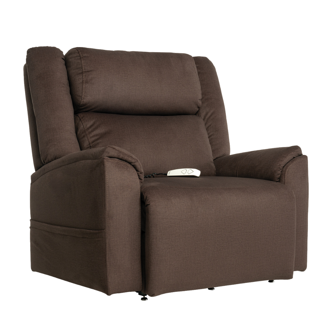 The Pride Mobility Evolution Collection Power Lift Recliner is a large brown upholstered chair with padded armrests, backrest, and premium features like a seat-mounted remote control for easy relaxation.